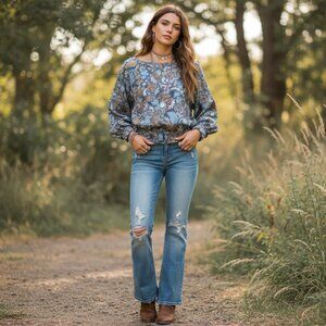 Ann Taylor Boho Floral Blouse – Loose Fit, Elastic Waist & Cuffs, Size S